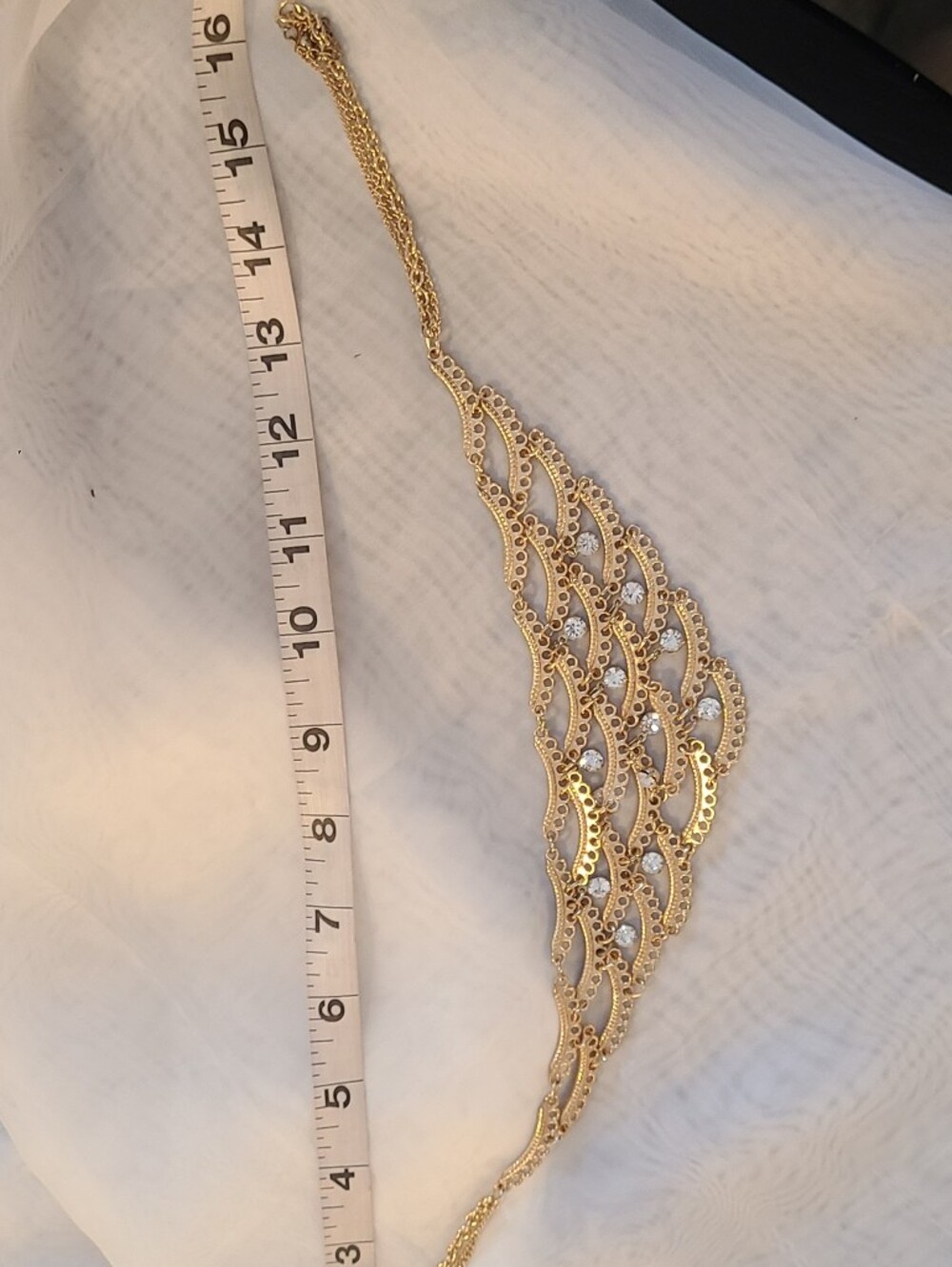 Elegant Gold Tone  Layered Statement Necklace with Rhinestone Accents 16" Chain - Picture 2 of 3